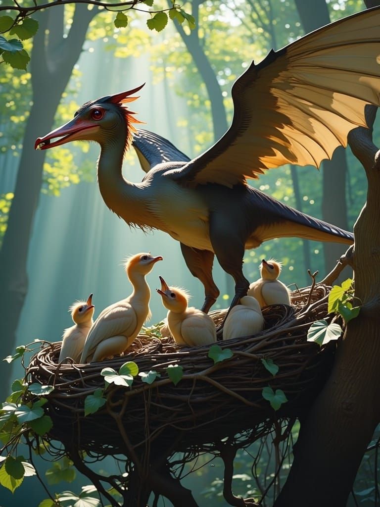 A Mother Pterodactyl Feeds Her Chirping Babies in a Cozy Art...