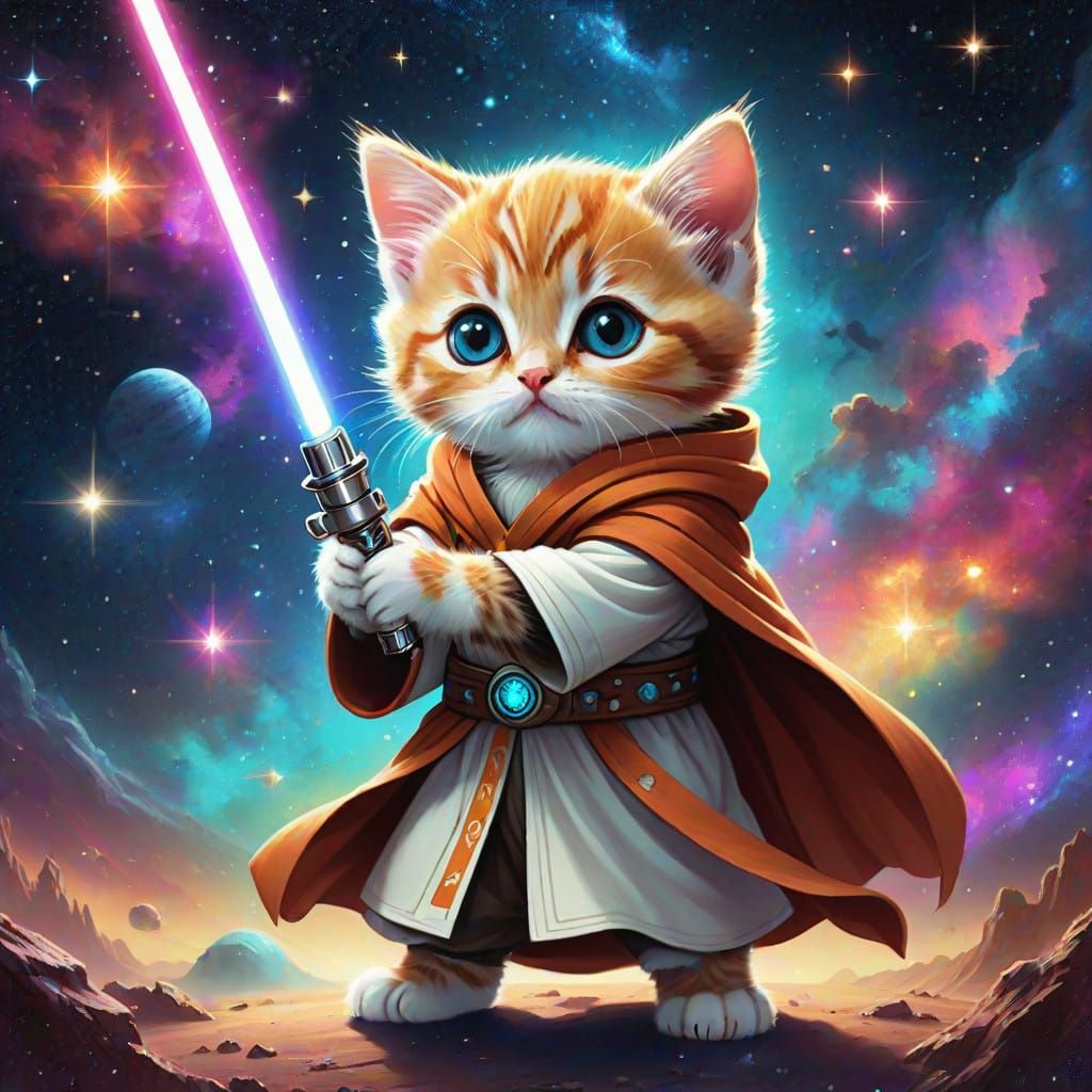 Mystical Kitten Wields Glowing Light Saber in Cosmic Galaxy