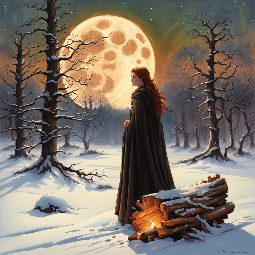 Woman Enveloped in Soft Moonlight Burns a Yule Log in Serene...