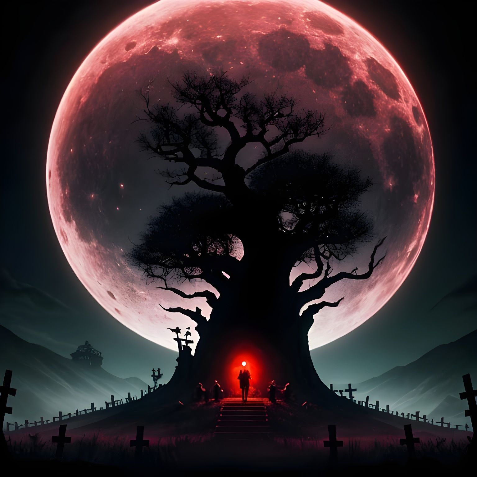 Zombie Graveyard Under Red Moon in 8-bit Style