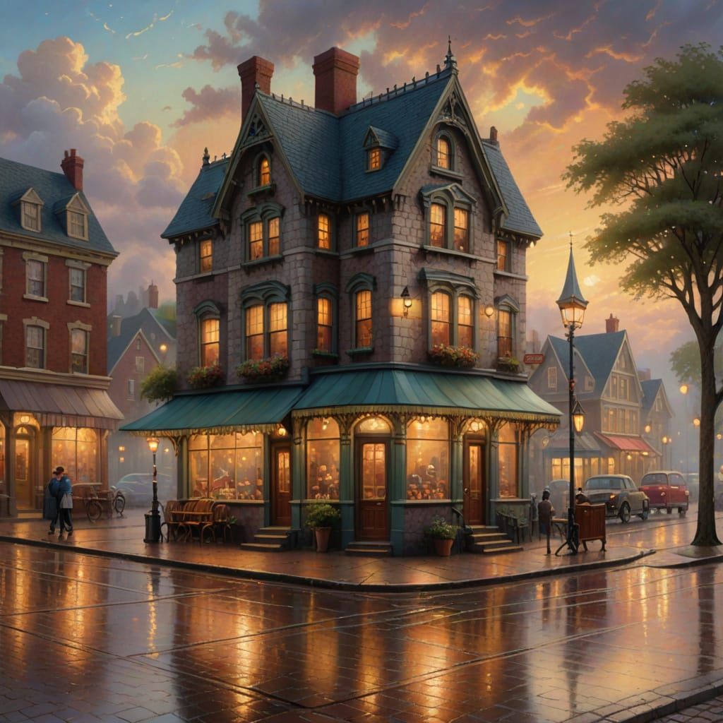 Victorian Shop on Cobblestone Street: Kinkade Style
