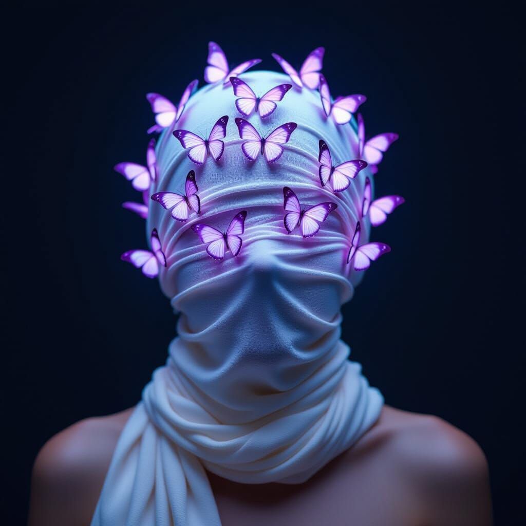 Person in Fabric with Bioluminescent Butterflies