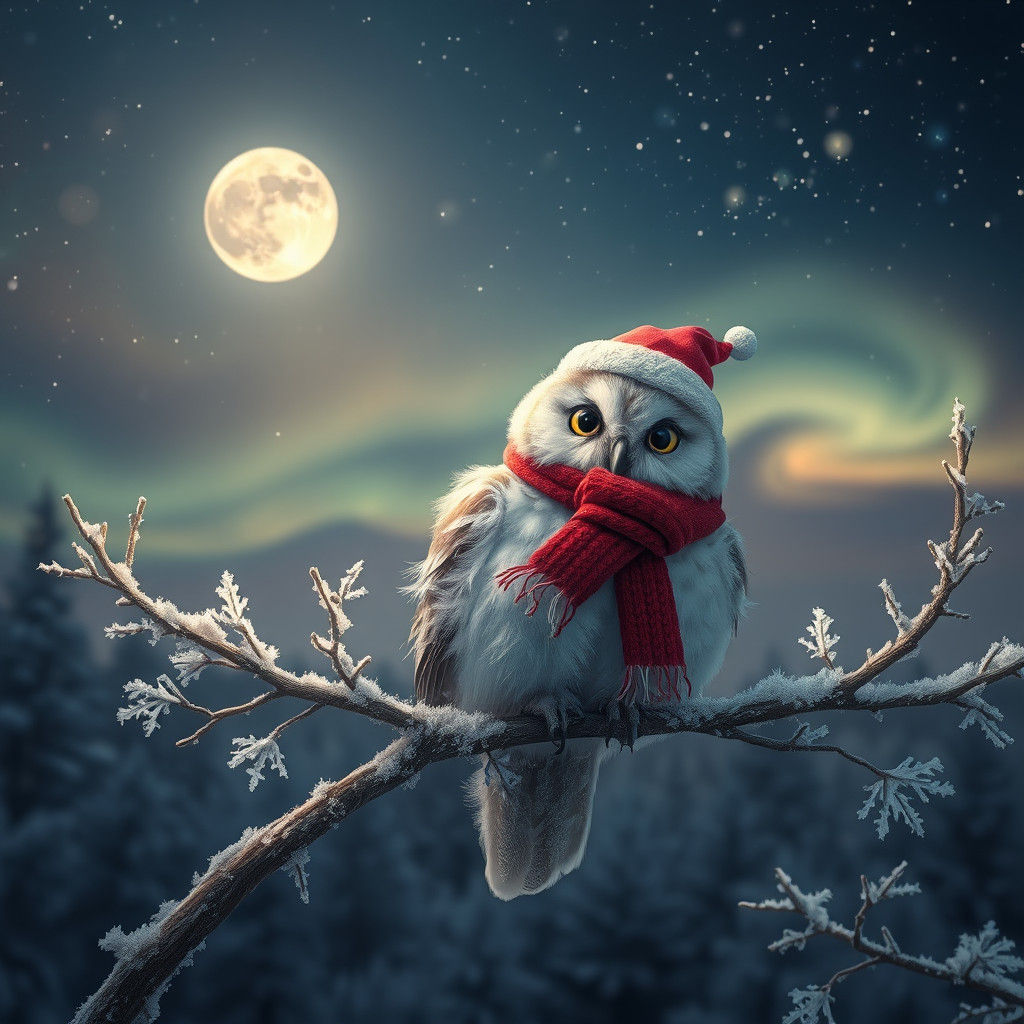 Festive Owl in Winter Wonderland, Digital Matte Painting