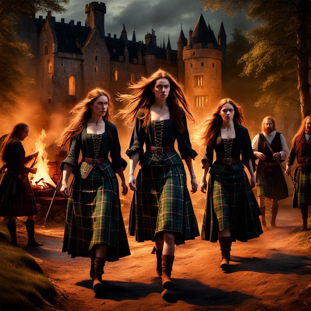 Scottish Women Dancing in Forest at Night