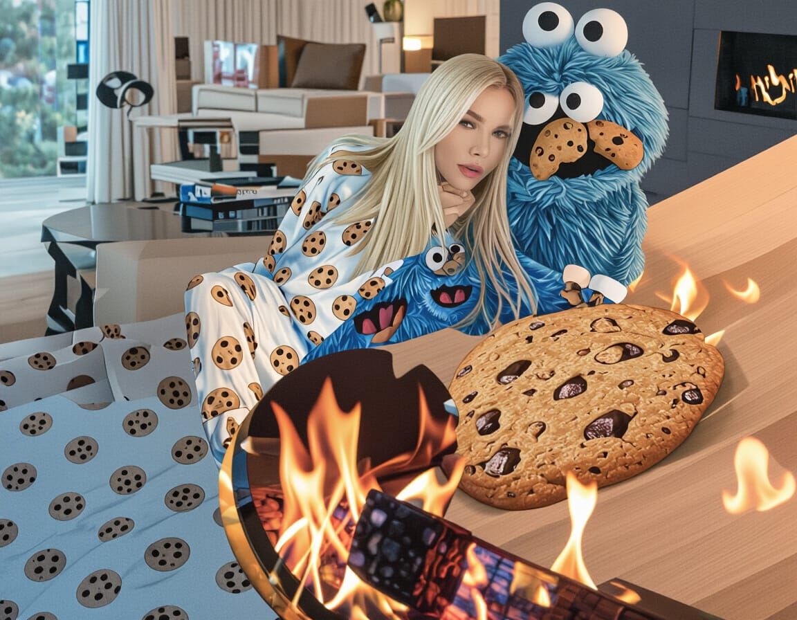 Woman and Cookie Monster Eat Cookies by Fireplace