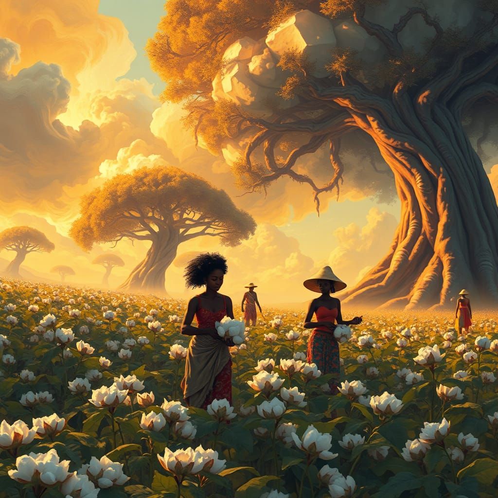 Afrofuturist Cotton Field Scene in Golden Light