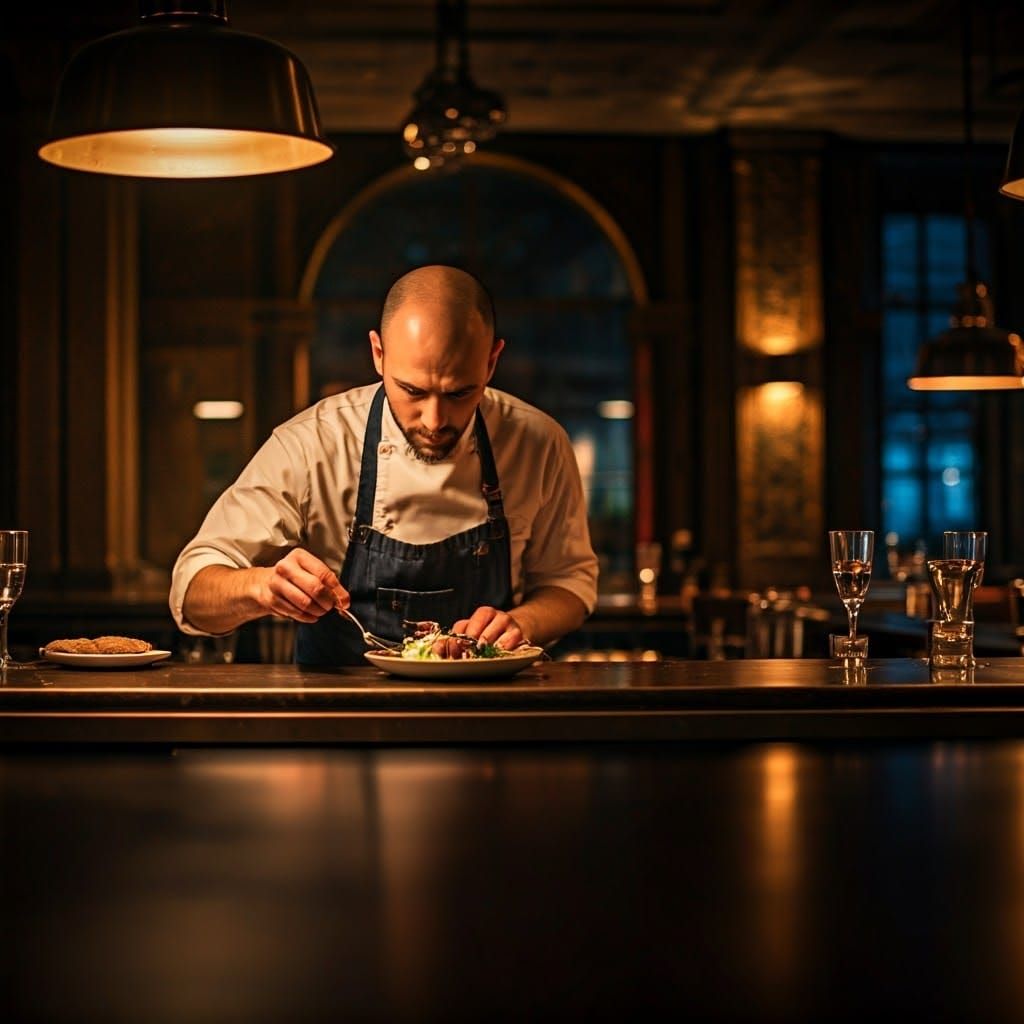 Chef Garnishing Dish in Restaurant Bar, Cinematic Style