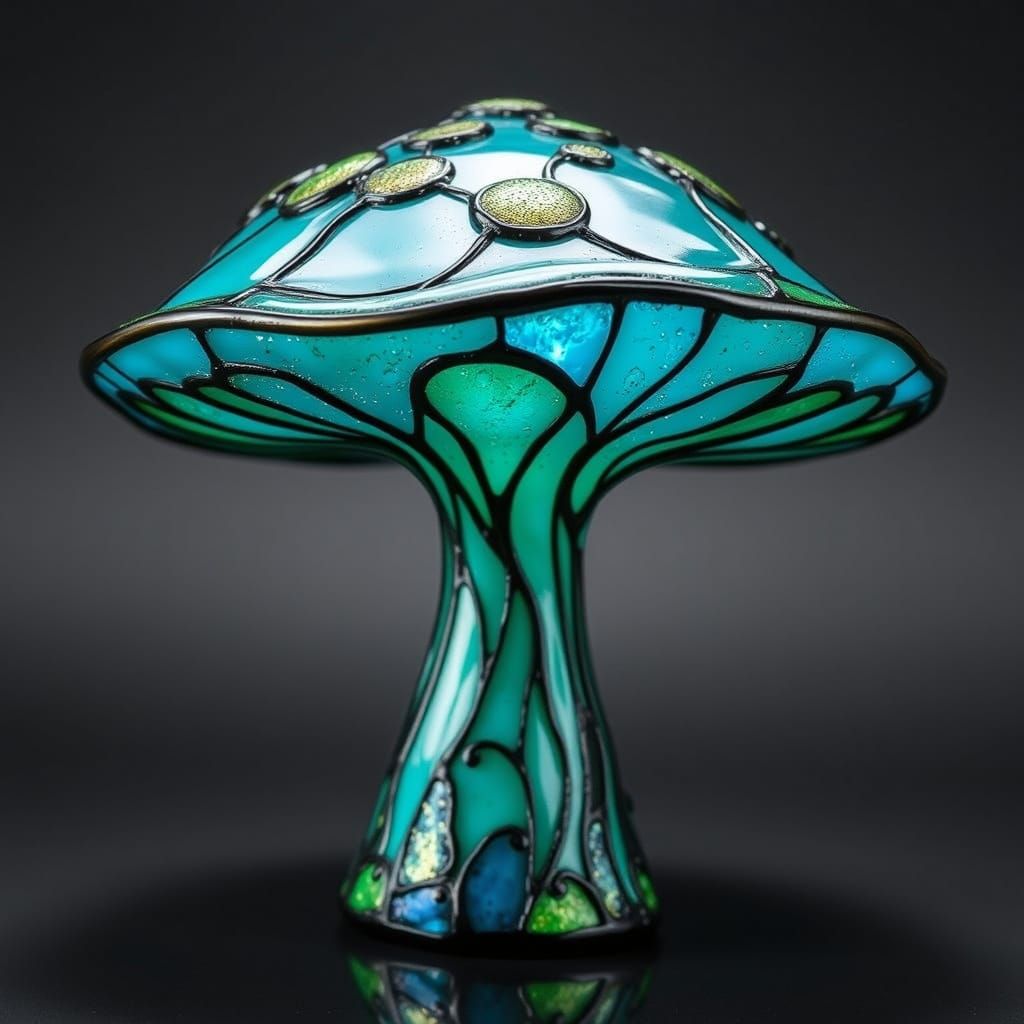 Turquoise Leaded Glass Mushroom in Stained Glass Style