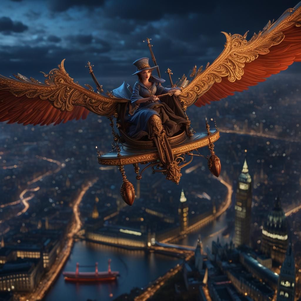 Mary Poppins Flies Over London at Night