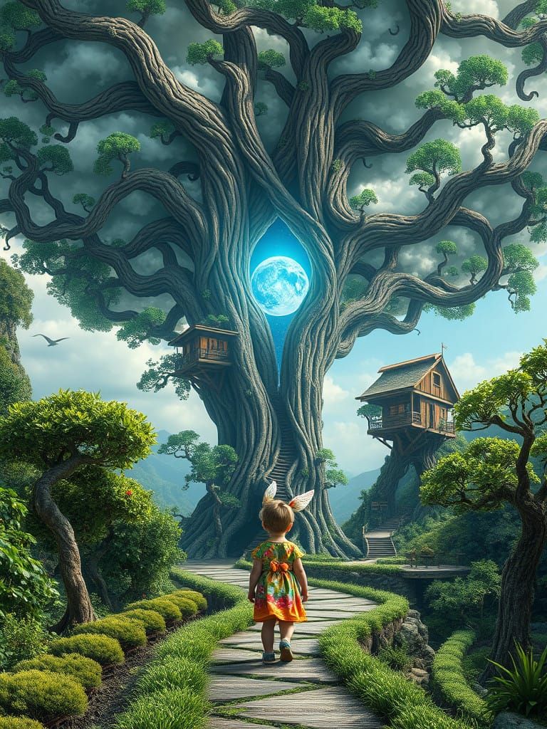 Child Gazing Up at the Inverted World Tree