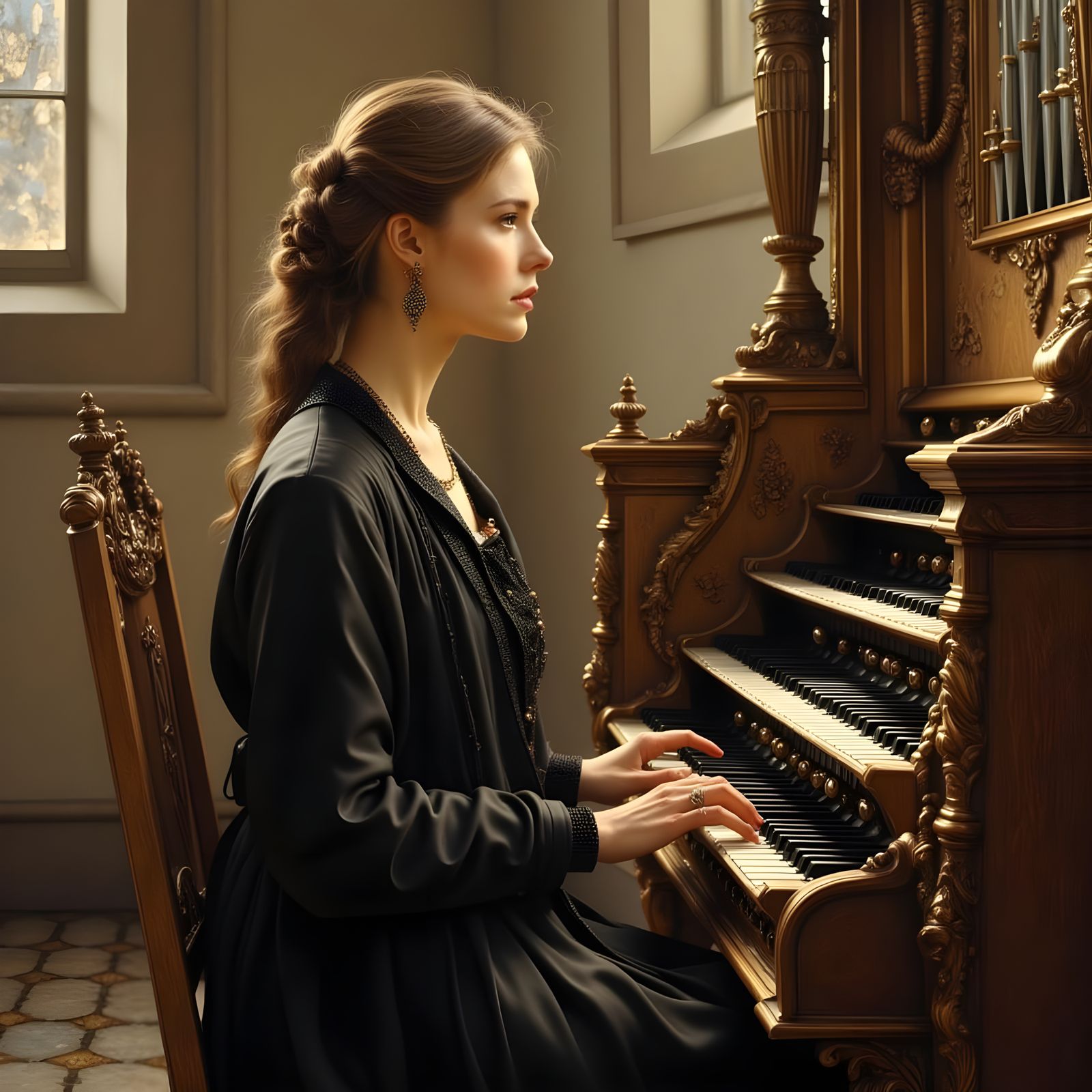 El Greco Style Painting of Woman at Pipe Organ