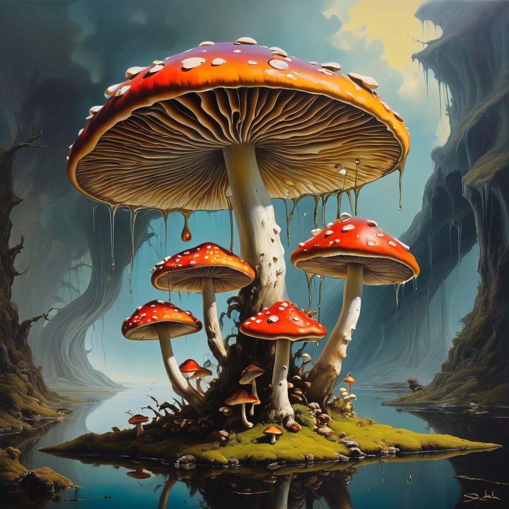 Surrealist Fairies Dance Among Melting Mushrooms in a Dreaml...