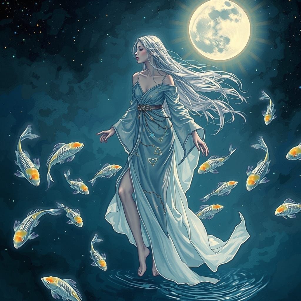 A goddess with flowing silver hair