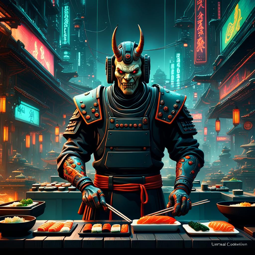 Oni Samurai Sushi Chef in Cyberpunk Style