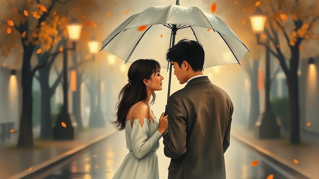 Romantic Couple in Rainy Street: Japanese Watercolor Style