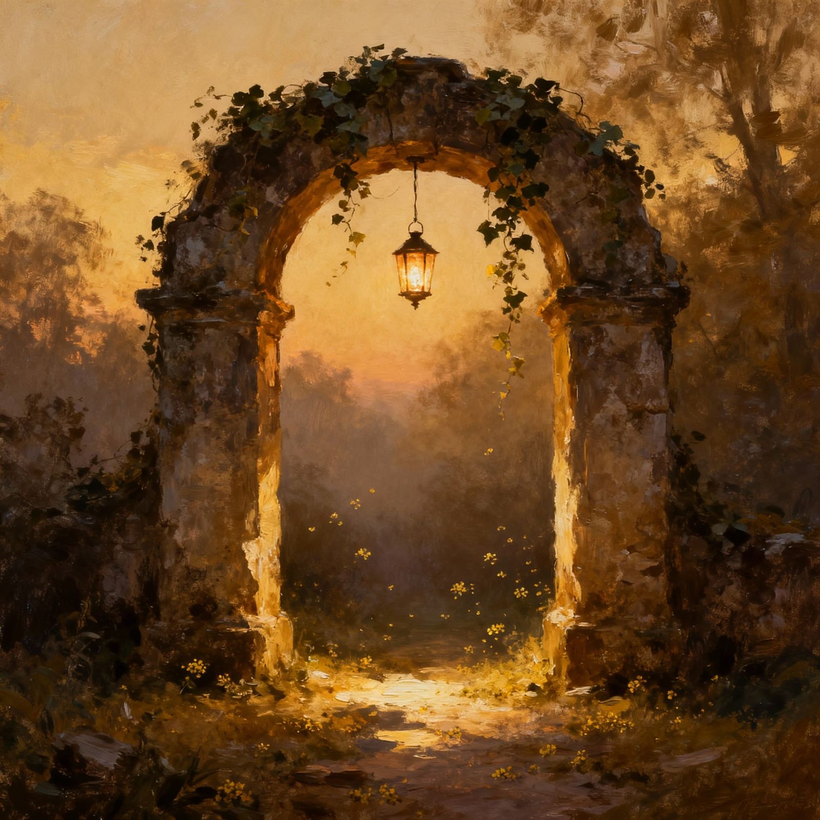 Weathered Stone Archway at Dusk in Romantic Oil Painting Sty...