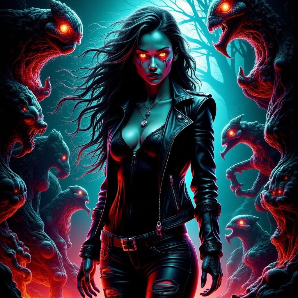 Captivating Woman in Dystopian Landscape, Graphic Novel Art