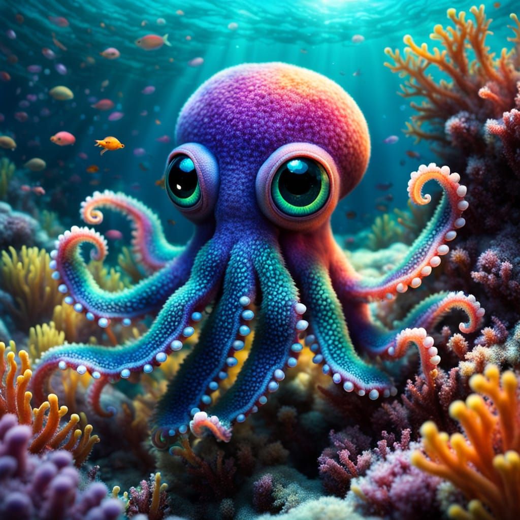 Cute Kawaii Baby Octopus with Rainbow Fur and Heart-Shaped E...