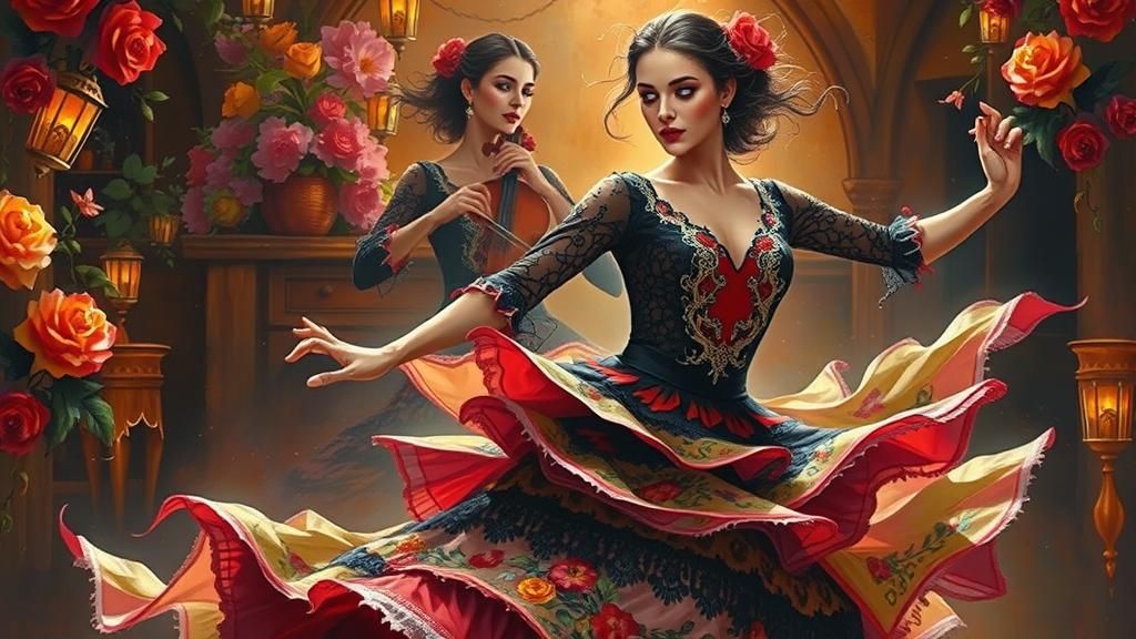 Flamenco Dancer in Red Gown, Surreal Art Style