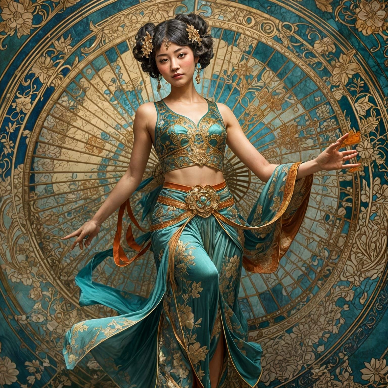 Chinese Fan Dancer in Art Nouveau Style