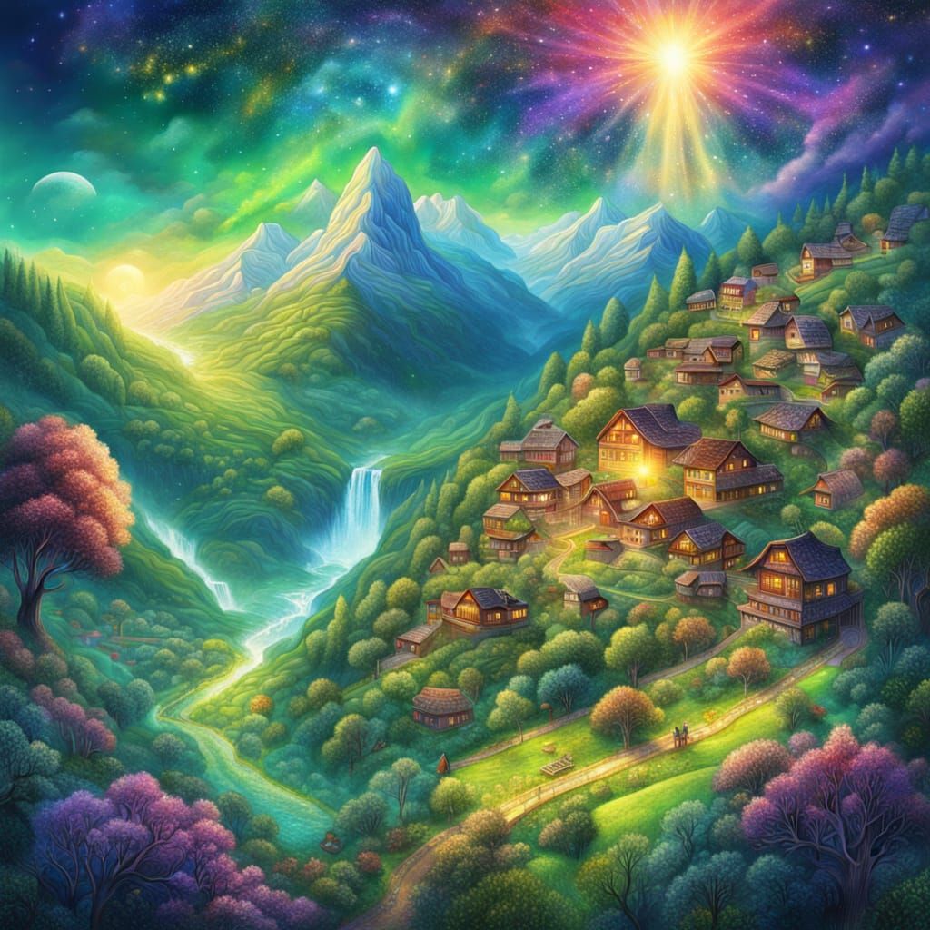 Cosmic Swiss Village: A Vibrant Mixed Media Landscape