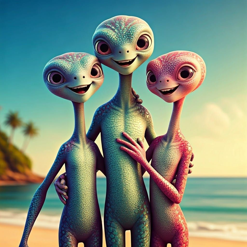 Alien Family's Tropical Beach Vacation in 3D