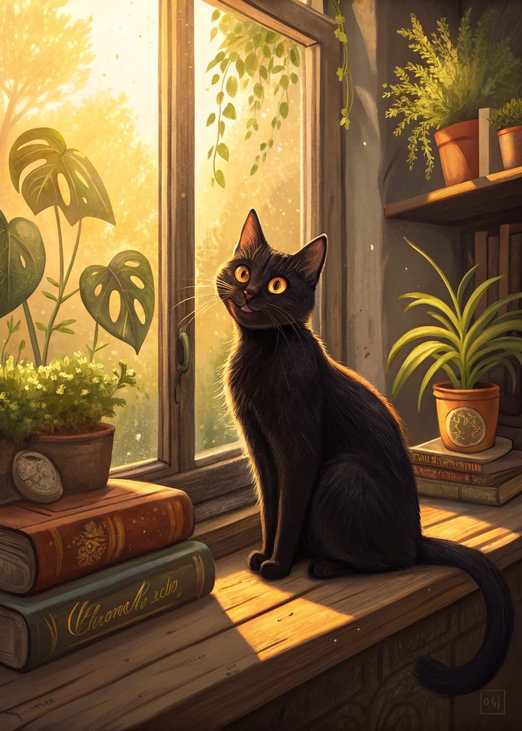 Black Cat with Human Smile Basking in Sunlight