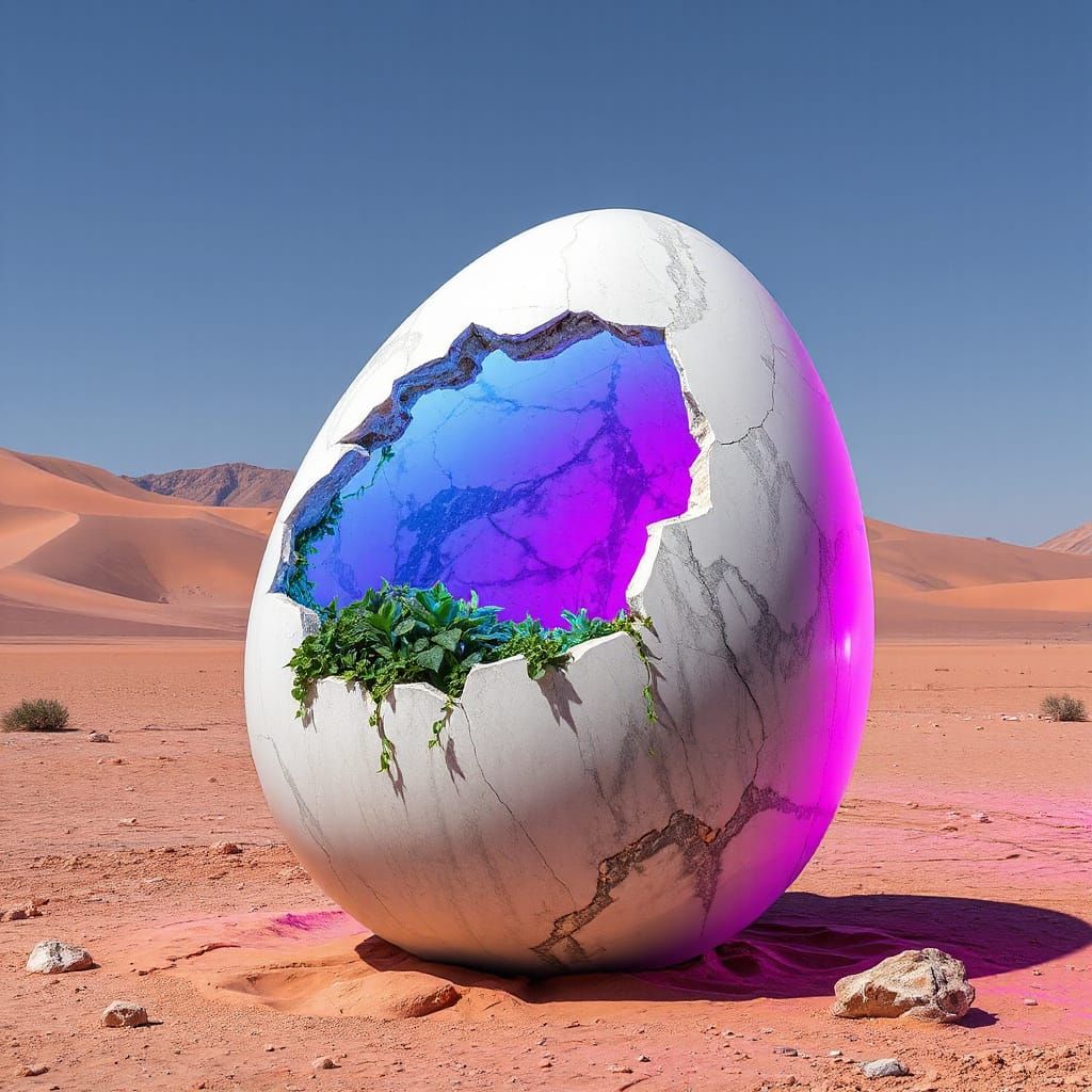 Egg of Life in Desert Oasis, Vaporwave Style