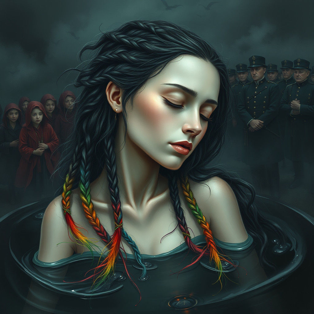 Ethereal Woman in Rainbow Puddle, Dreamlike Art