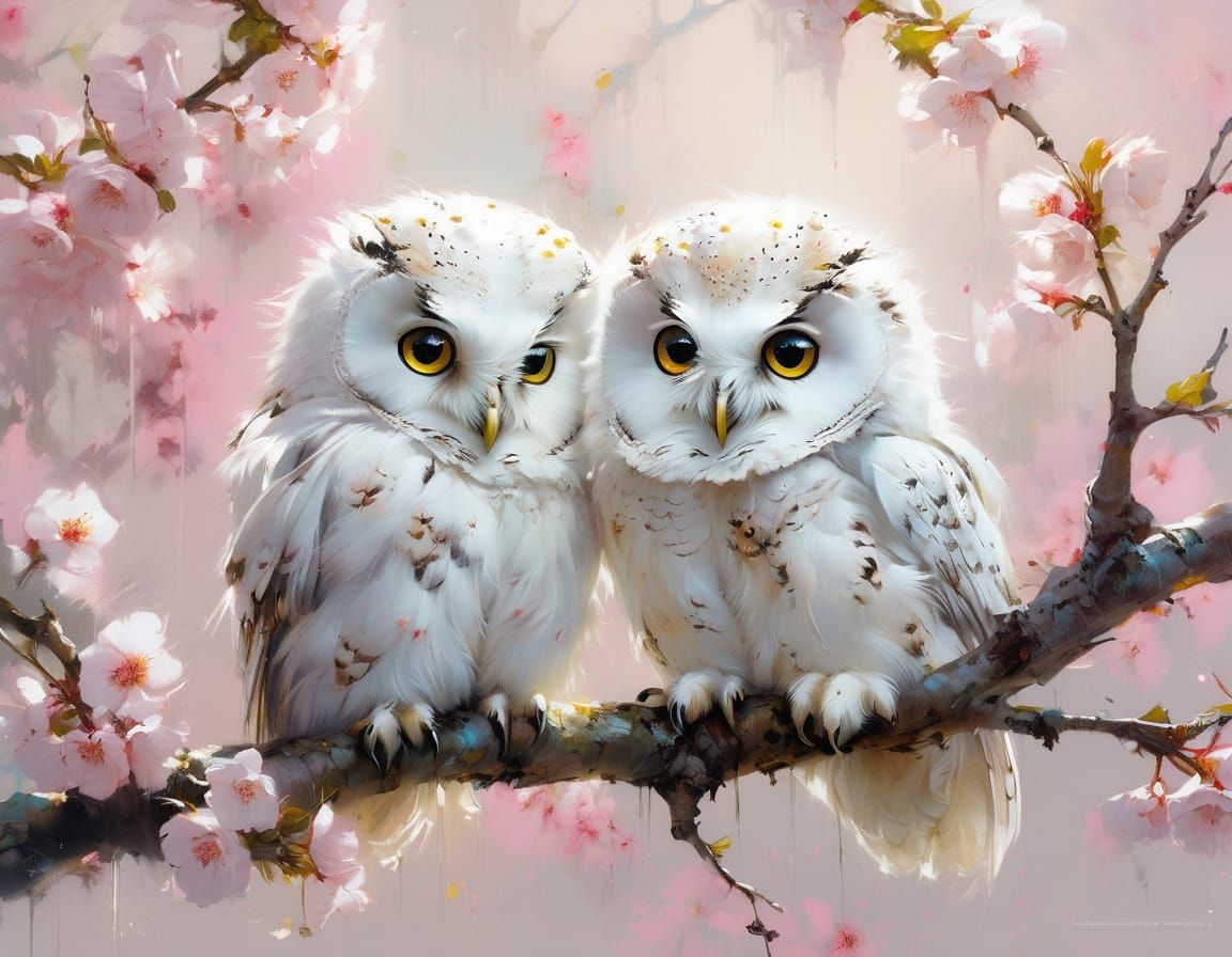 Fluffy Baby Owls on Cherry Blossom Tree