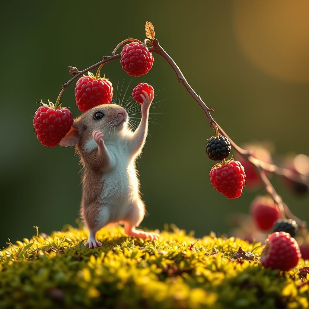 Mouse Reaches for Ripe Raspberries in Warm Golden Light