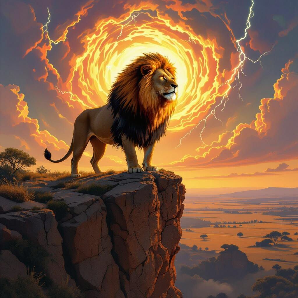 Lion with Blazing Mane Overlooking Savanna