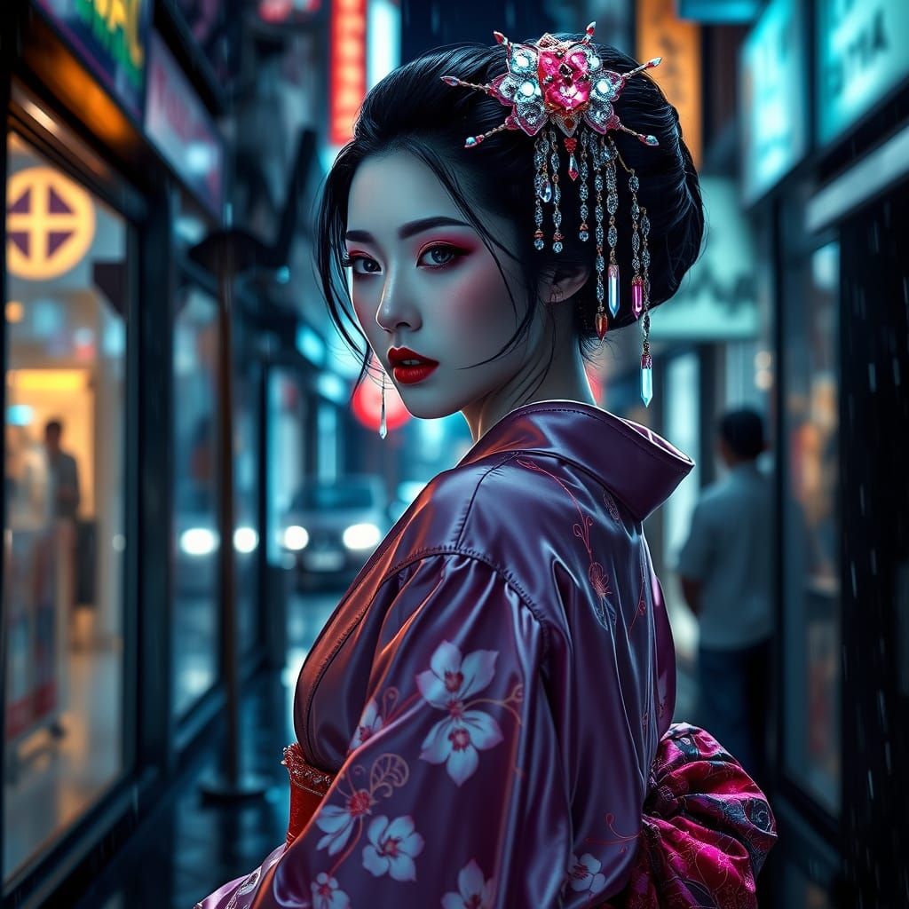 Celestial Cyberpunk Geisha in Tokyo Alley
