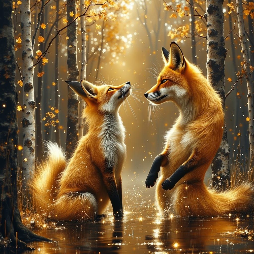 Cat and Fox Together in an Enchanting Scene