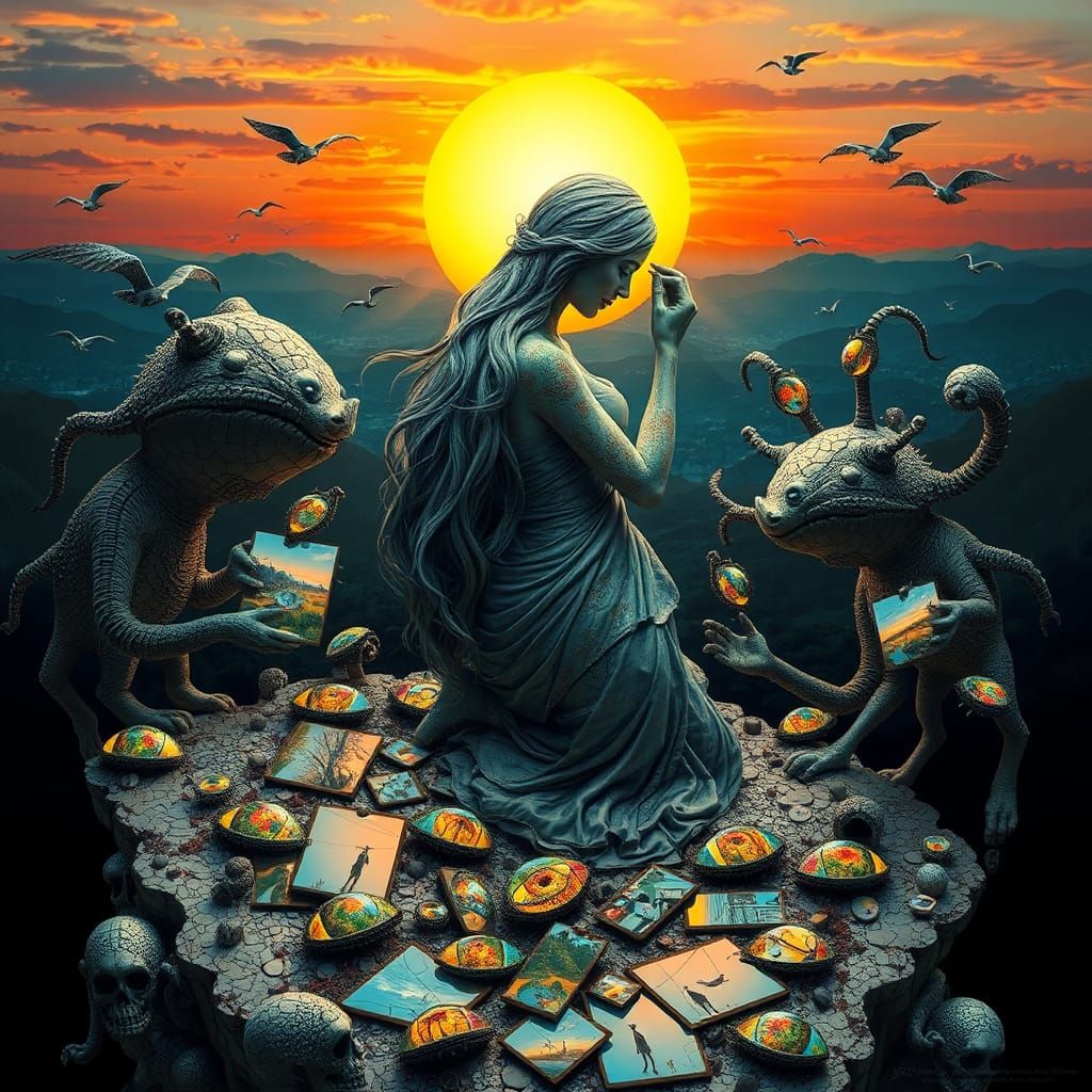 Surreal Bio Art: Woman, Sunset, and Cracked Mirrors