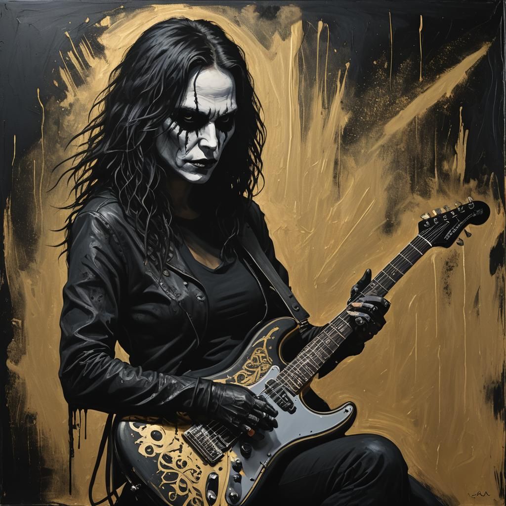 Goth Woman Guitarist in Grunge Style Painting