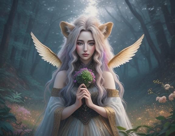 Dreamy Chimera Girl Portrait in Pointillism Style