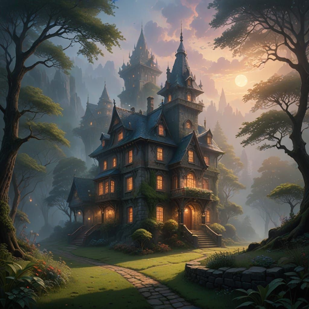 Enchanted Castle with Square Windows in Ethereal Landscape