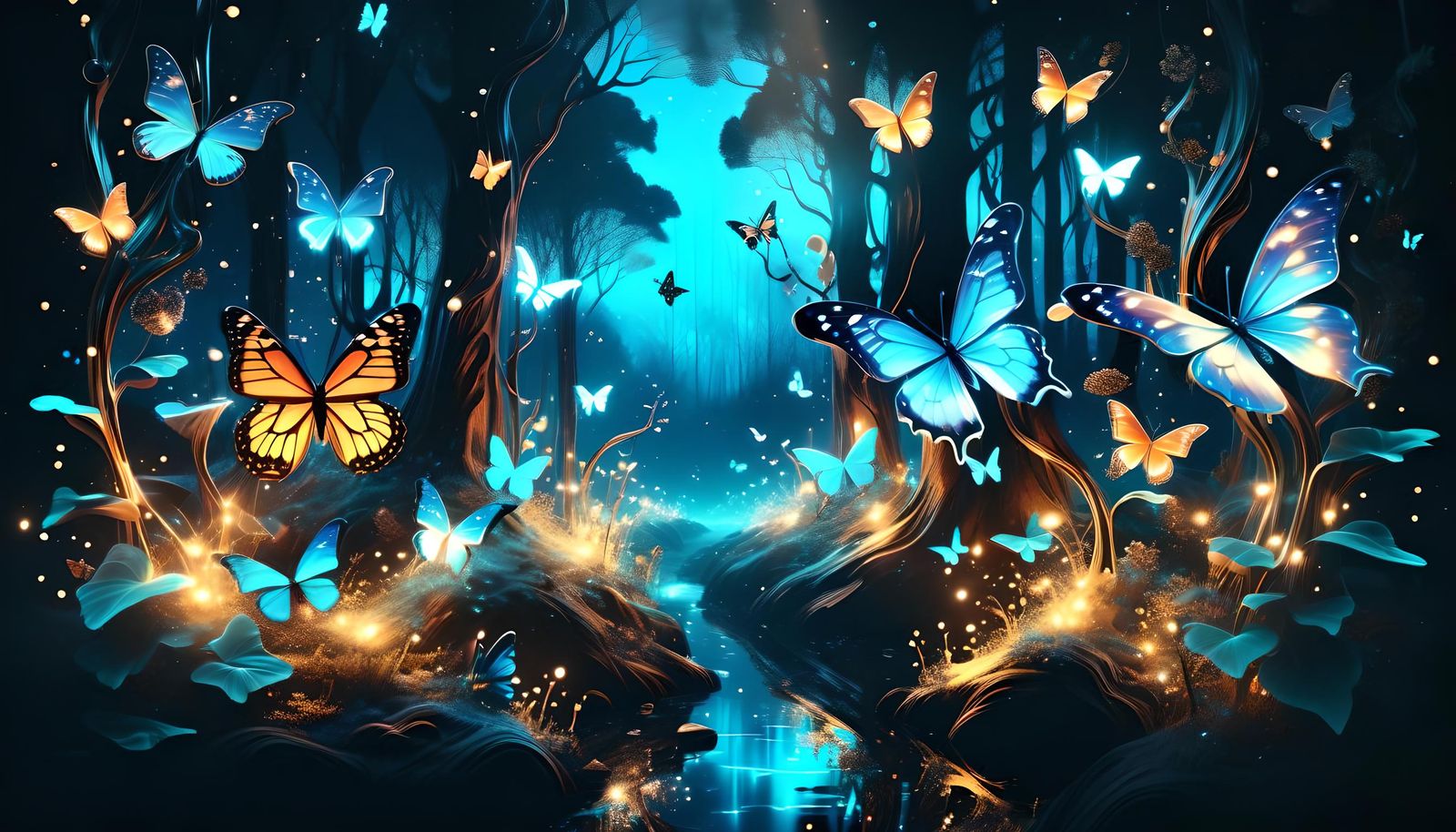 Enchanted Forest with Bioluminescent Lights in 3D