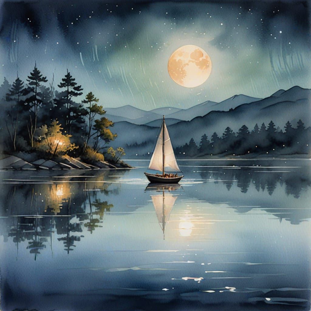 Full Moon Blue and White Sailboat Night