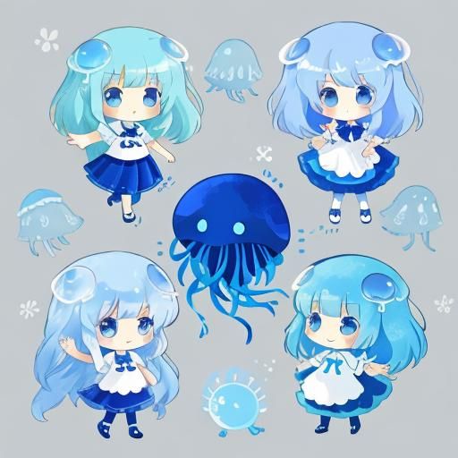 Chibi Jellyfish Girl in Blue Color Scheme