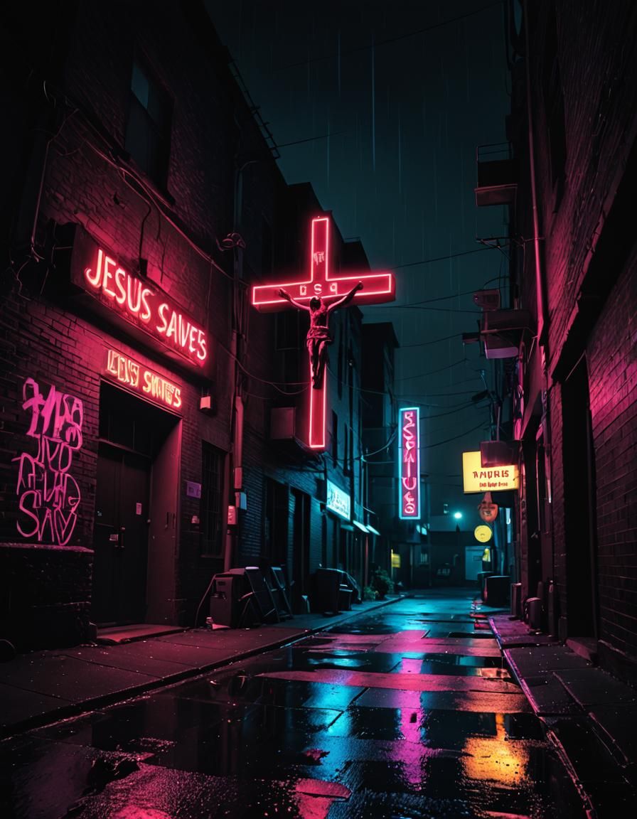 Neon Noir Church: Cyberpunk Savior in Dark Alley