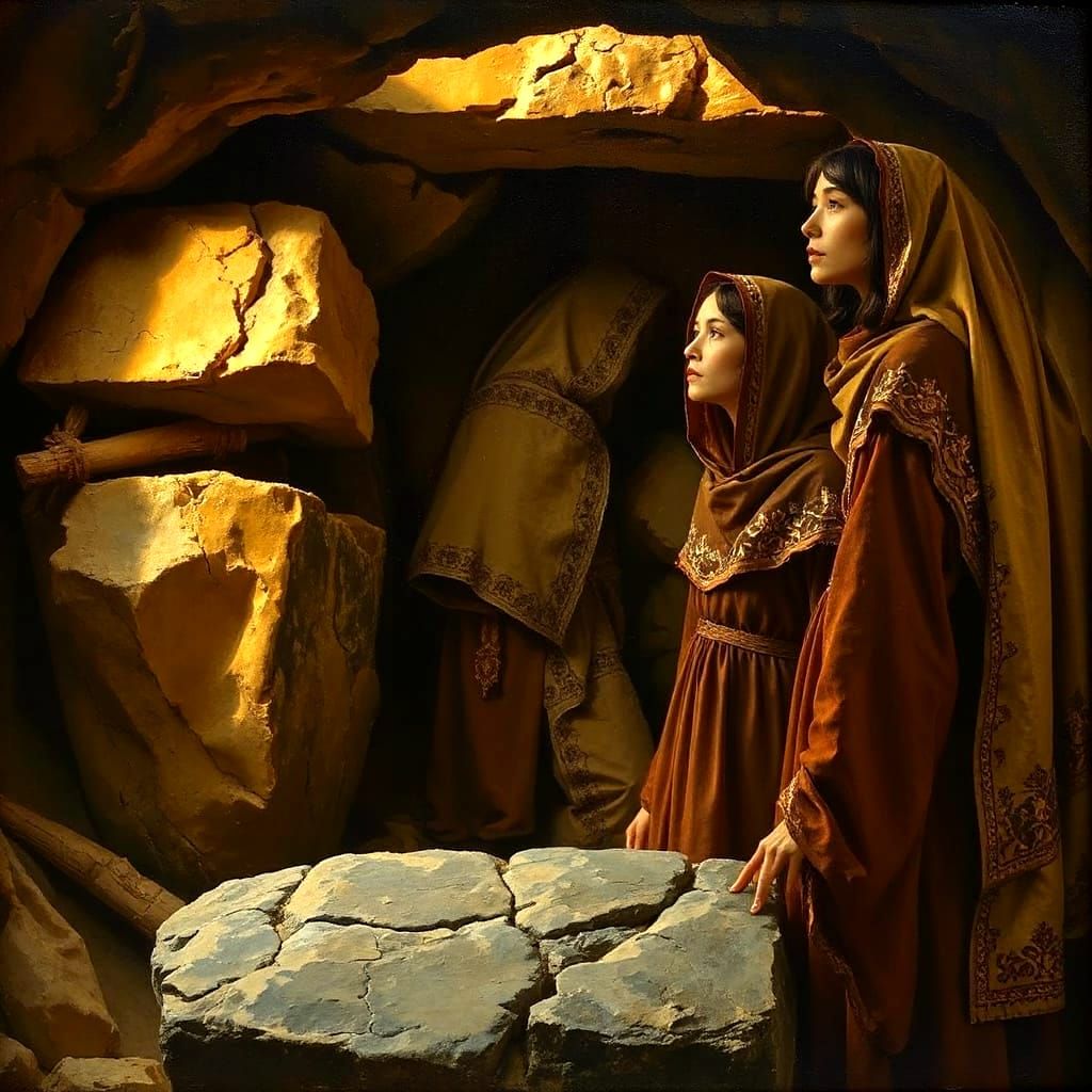Women Contemplate Ancient Cave Tomb in Golden Light