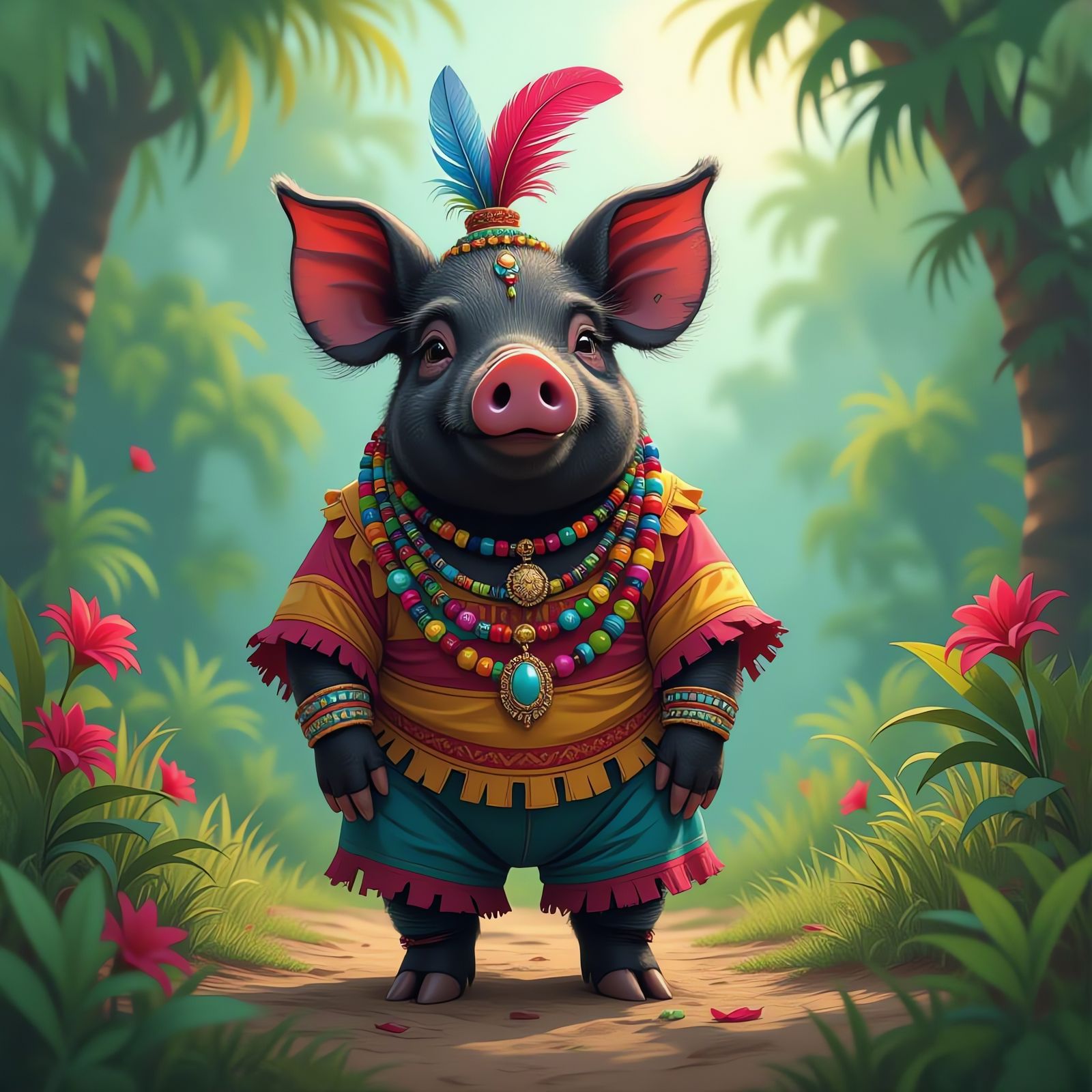 Haitian Pig in Tropical Landscape, Mystical Art
