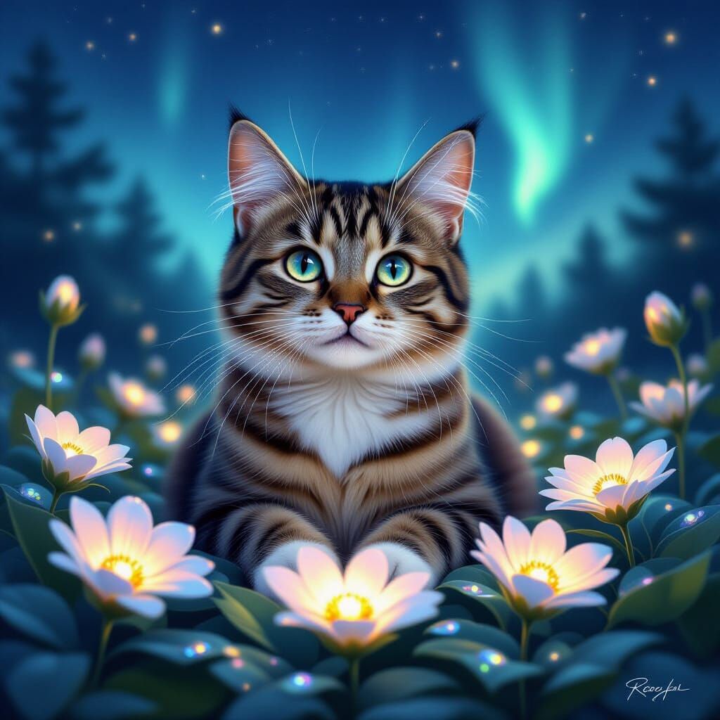 Whimsical Tabby Cat in Ethereal Twilight