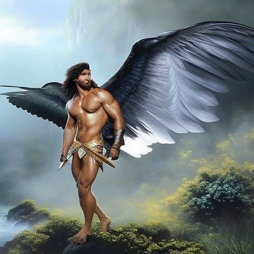 Ethereal Man with Black Wings in Fantasy Style