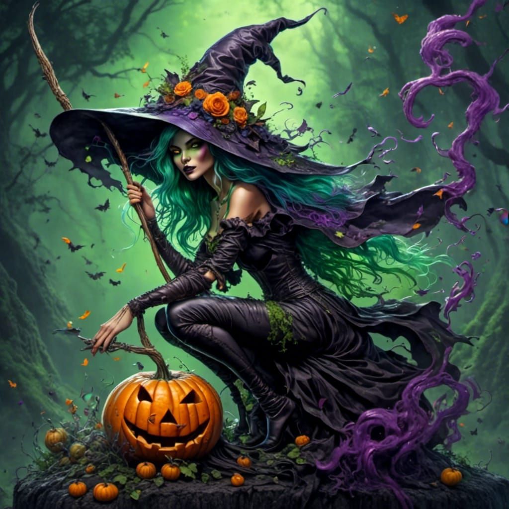 Halloween Witch on Broomstick with Ink-Stained Details