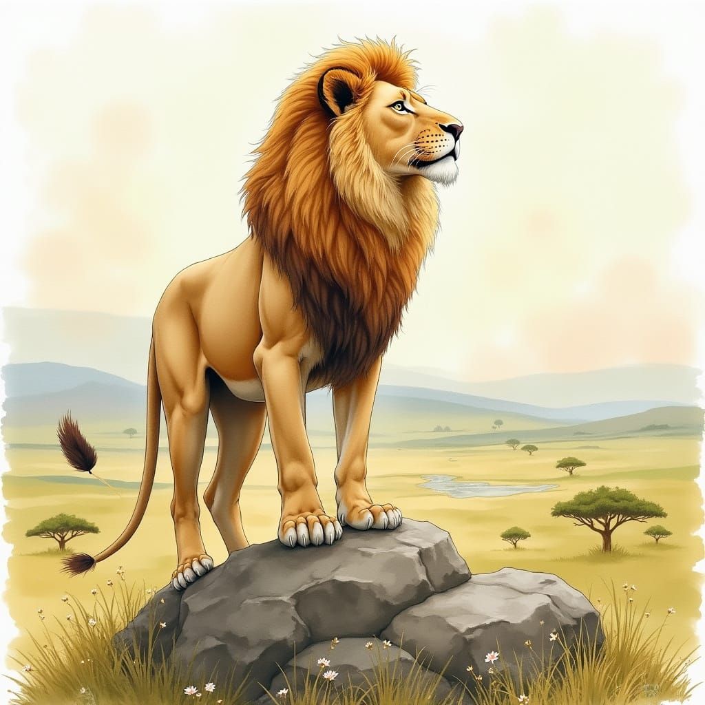 Majestic Lion in Serene African Savanna Watercolor Art