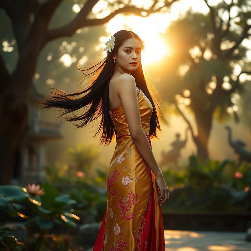 Cuban Woman in Temple Garden, Inspired by Waterhouse