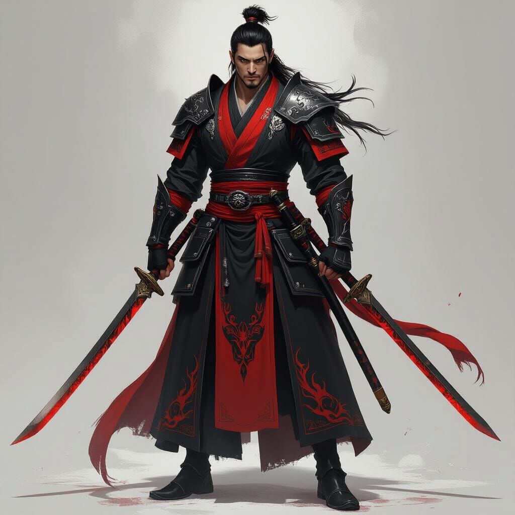 Mystical Warrior with Swords in Dark Landscape